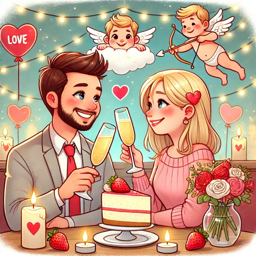Cartoon of a loving couple enjoying a slice of cake, together, overlooked by cupid, ready to fire his arrow of love