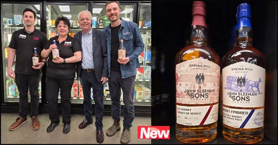 pic of two bottles of John Sleeman's Whisky along side John and Cooper Sleeman in the Guisachan ARC Store 