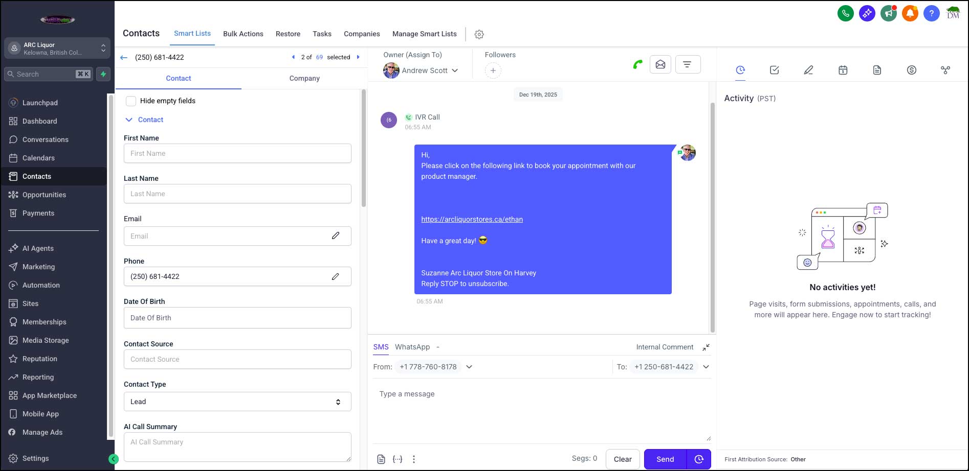 Text message with booking link