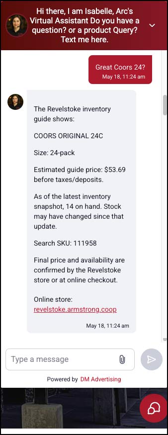 Screenshot of ARC AI text assistant giving estimated guide price and stock wording