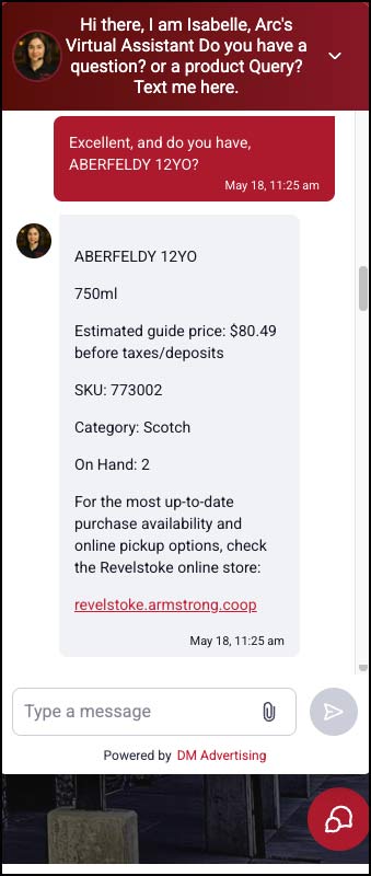 Screenshot of ARC AI text assistant offering Product Finder fallback