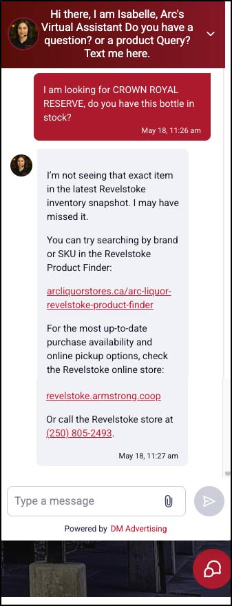 Screenshot of ARC AI text assistant offering e-commerce pickup link