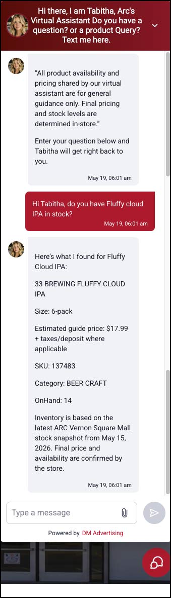 Screenshot of ARC AI text assistant answering a product question