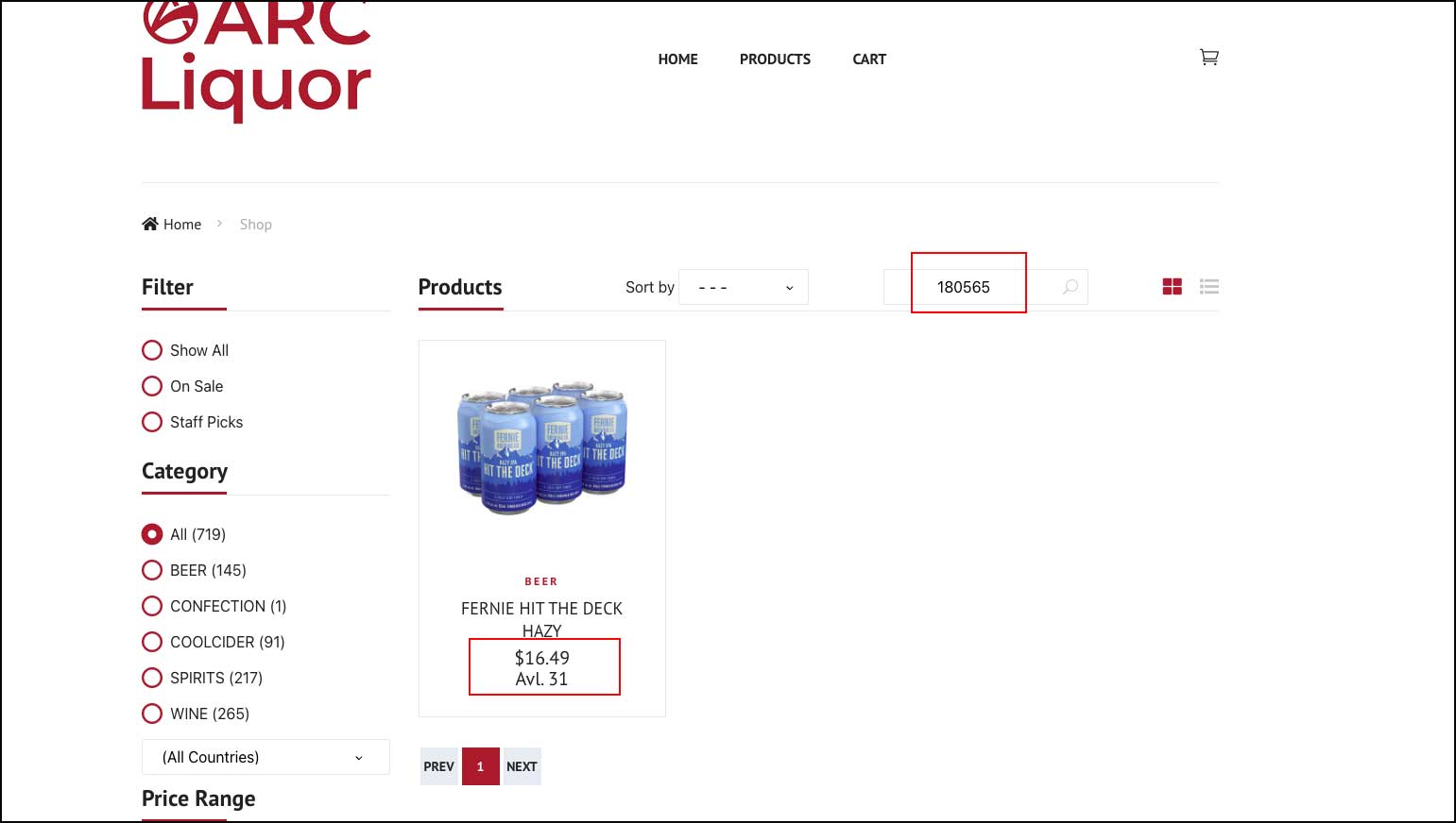 screenshot of the ARC ecommerce website, highligting the correct sku number for Fernie - Hit the Deck, Hazy IPA