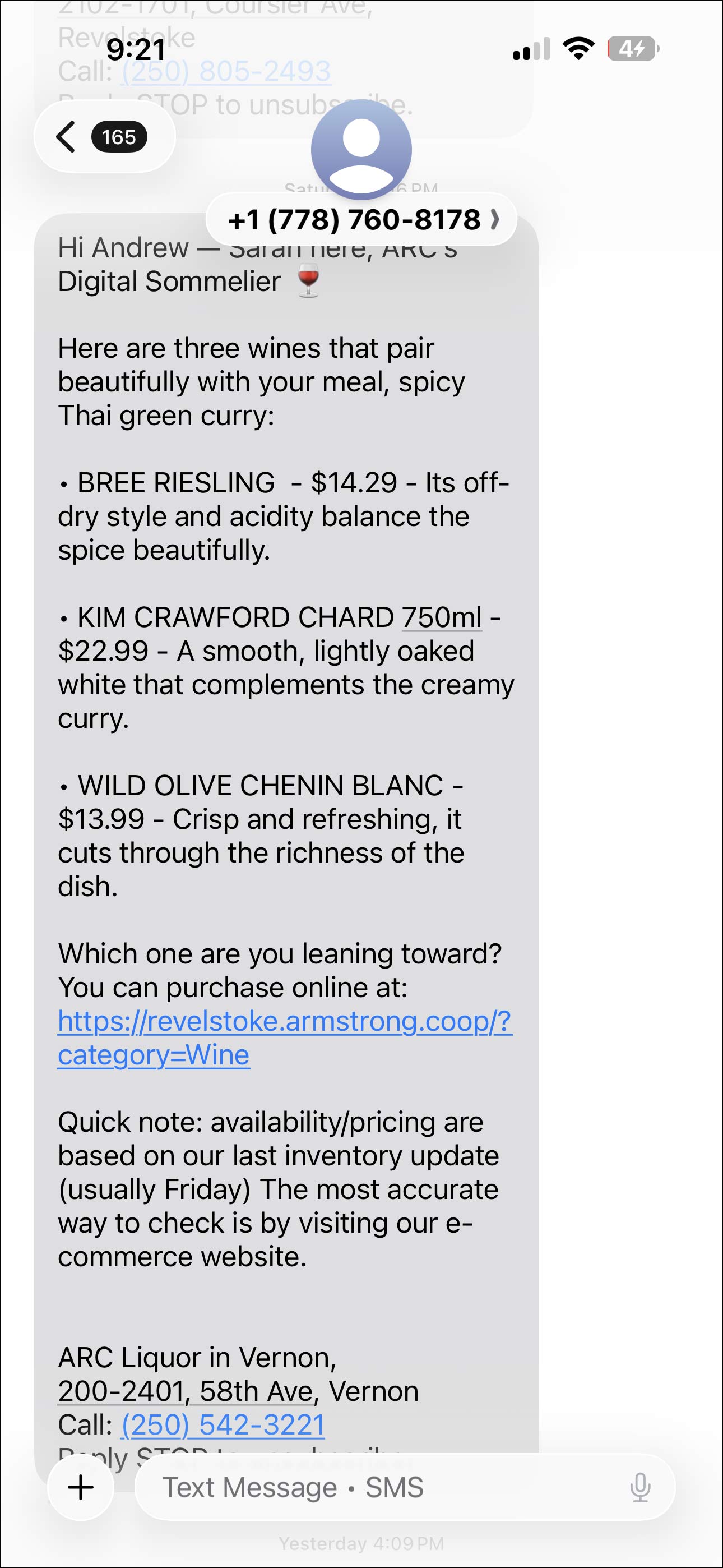 image of the recommendations the AI sent to the customer.