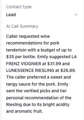 GHL AI call summary showing the dish, budget, wines and personal recommendation