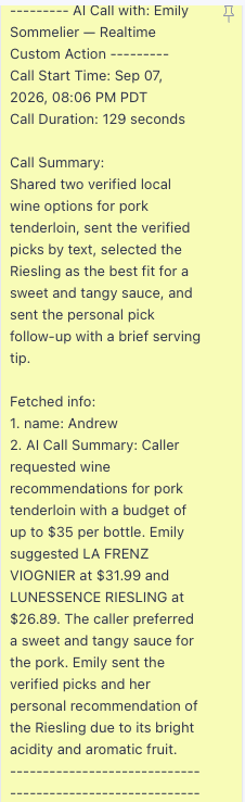 Detailed internal GHL call note for Emily's sommelier conversation