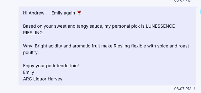 Second SMS from Emily naming Lunessence Riesling as her personal recommendation