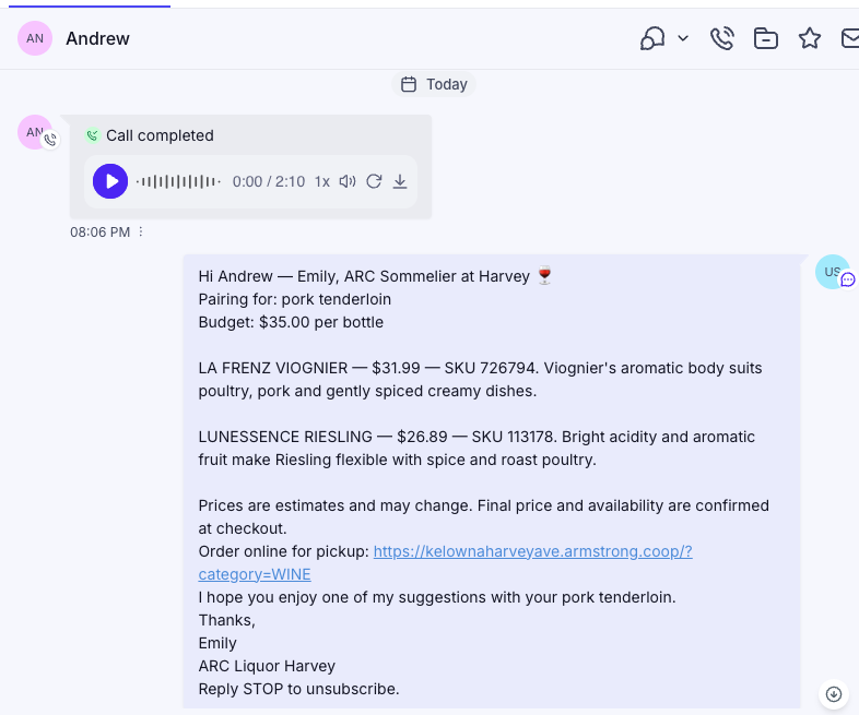 First SMS from Emily with two verified Harvey wine choices, prices, SKUs and pickup link