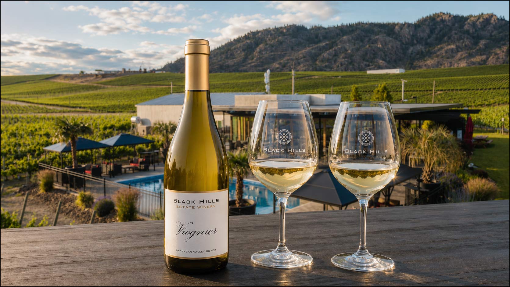 Black Hills Estate Winery wines presented against the vineyards of the Black Sage Bench