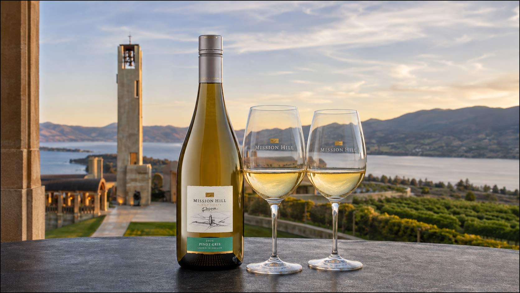 Mission Hill Family Estate wines presented above Okanagan Lake
