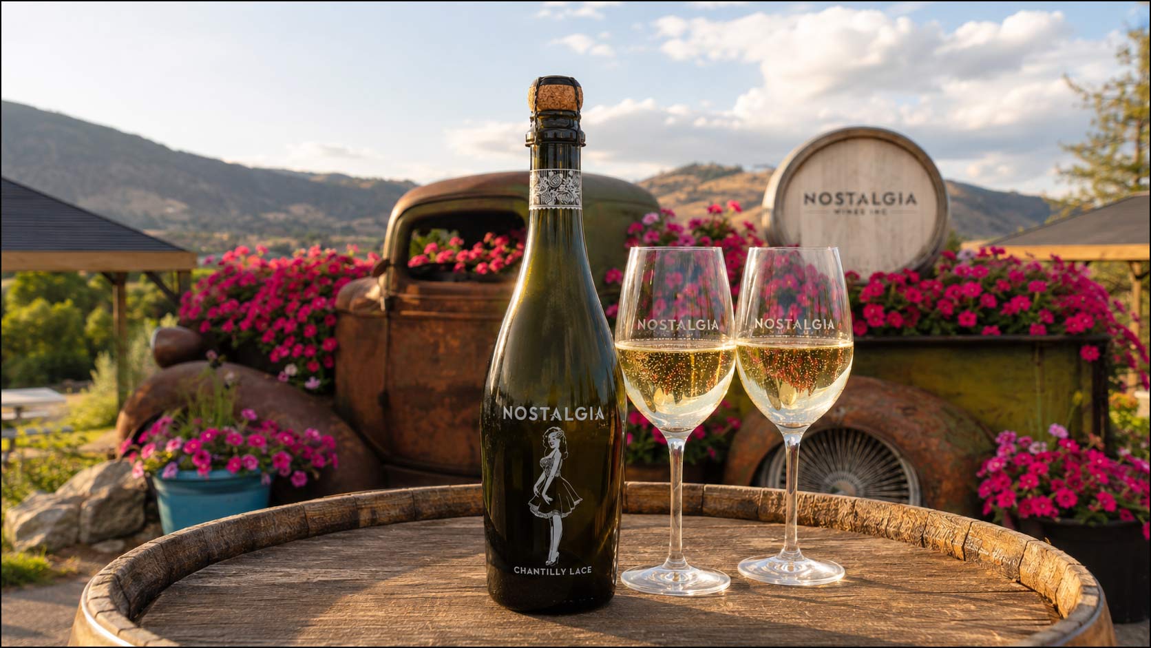Nostalgia Chantilly Lace with two sparkling-wine glasses beside the winery's flower-filled vintage truck