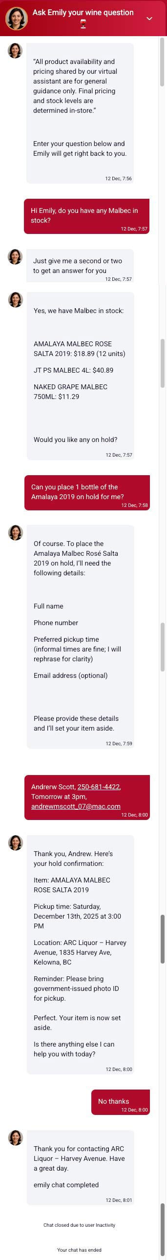 image of an interaction with Emily, Arc's AI virtual Assistant