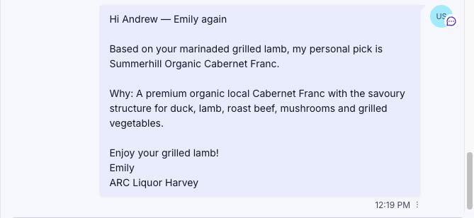 Emily's personal follow-up text selecting Summerhill Organic Cabernet Franc for the caller's marinated grilled lamb