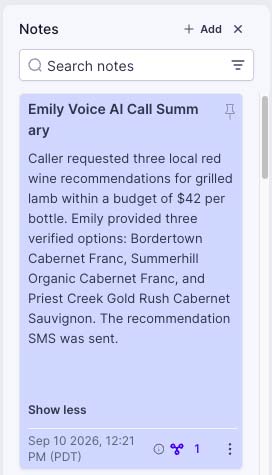Emily Voice AI Call Summary recording the grilled-lamb request, $42 budget, three wines and SMS outcome
