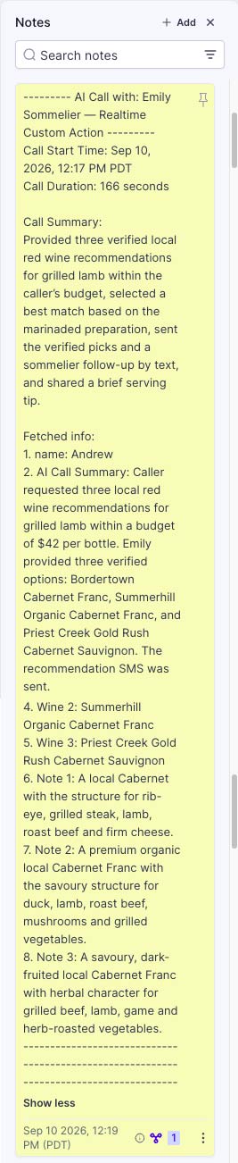 Detailed automated Emily call note with call duration, summary, recommended wines and pairing notes