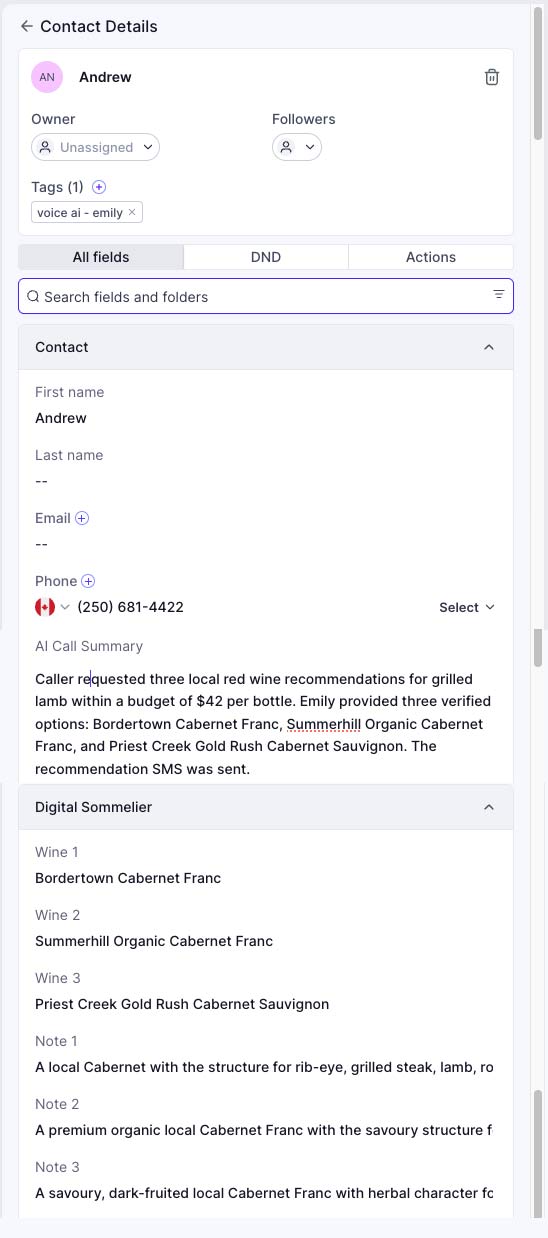ARC contact record showing the AI Call Summary and populated Digital Sommelier fields for three wines and three pairing notes