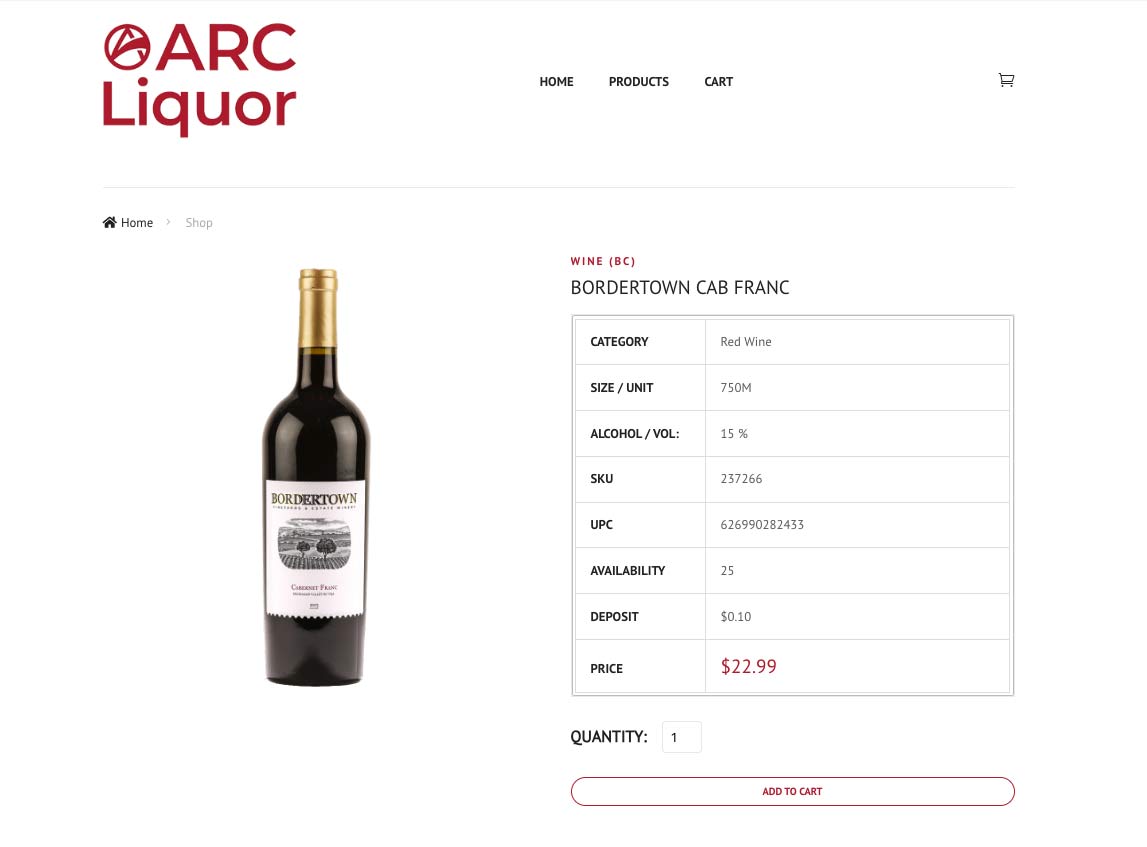 ARC Liquor ecommerce page for Bordertown Cabernet Franc showing the matching product, price and SKU