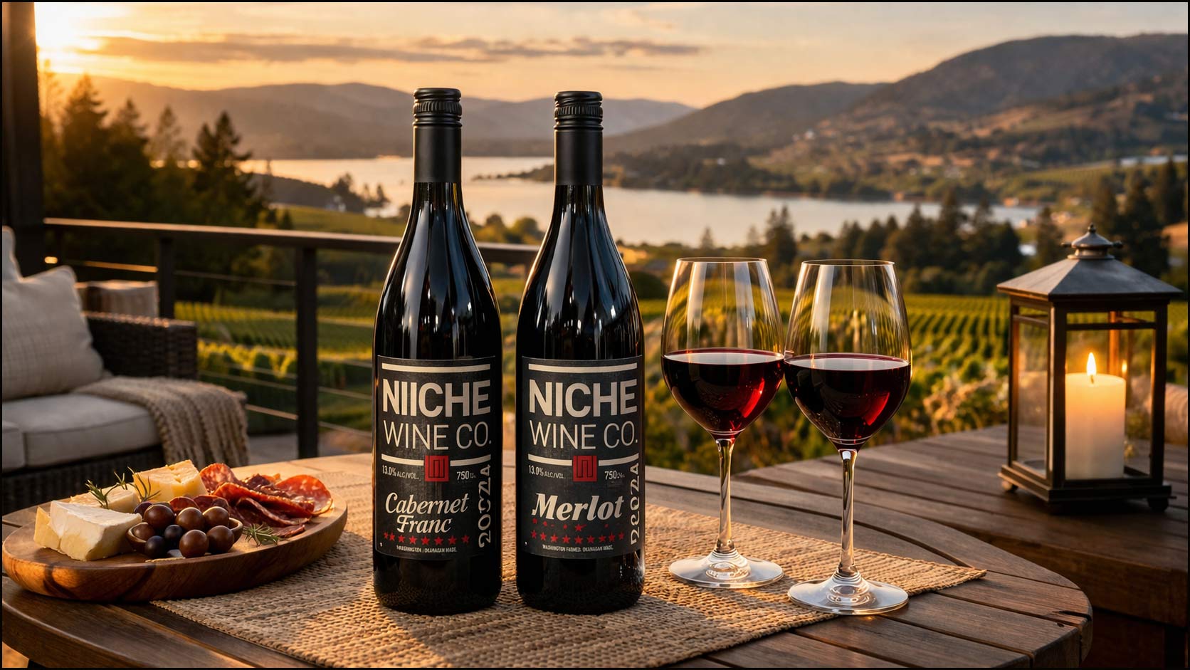 Niche Wine Co premium bottles on an elegant Okanagan patio at golden hour
